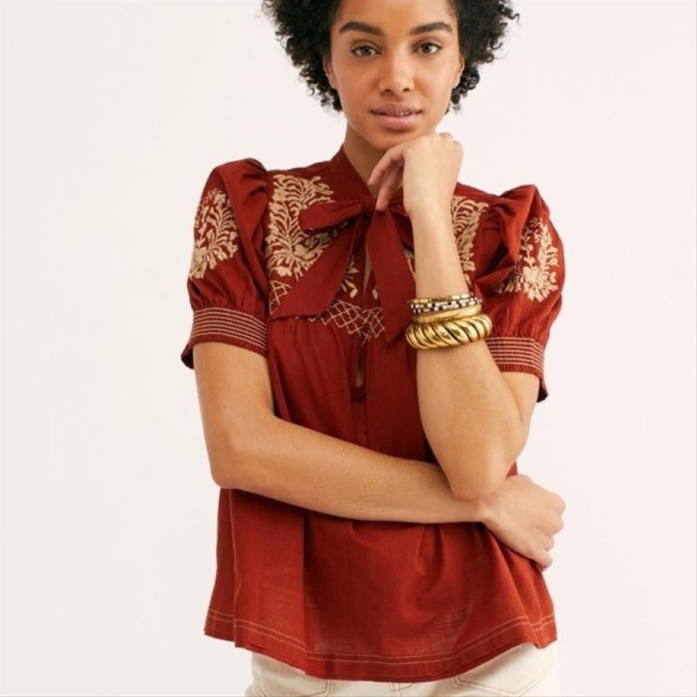 Free People Embroidered Cotton Bow Blouse XS